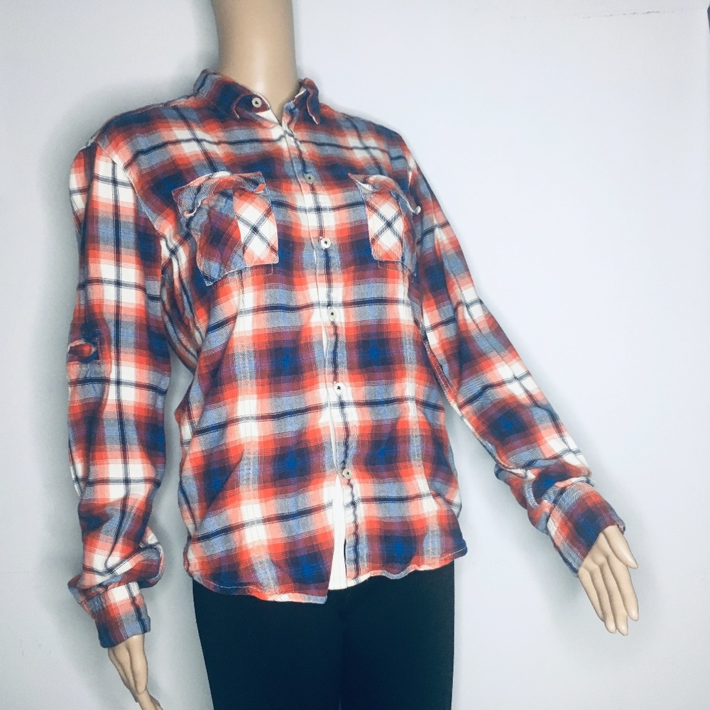 Zara Young Plaid Button up. Orange Blue and White